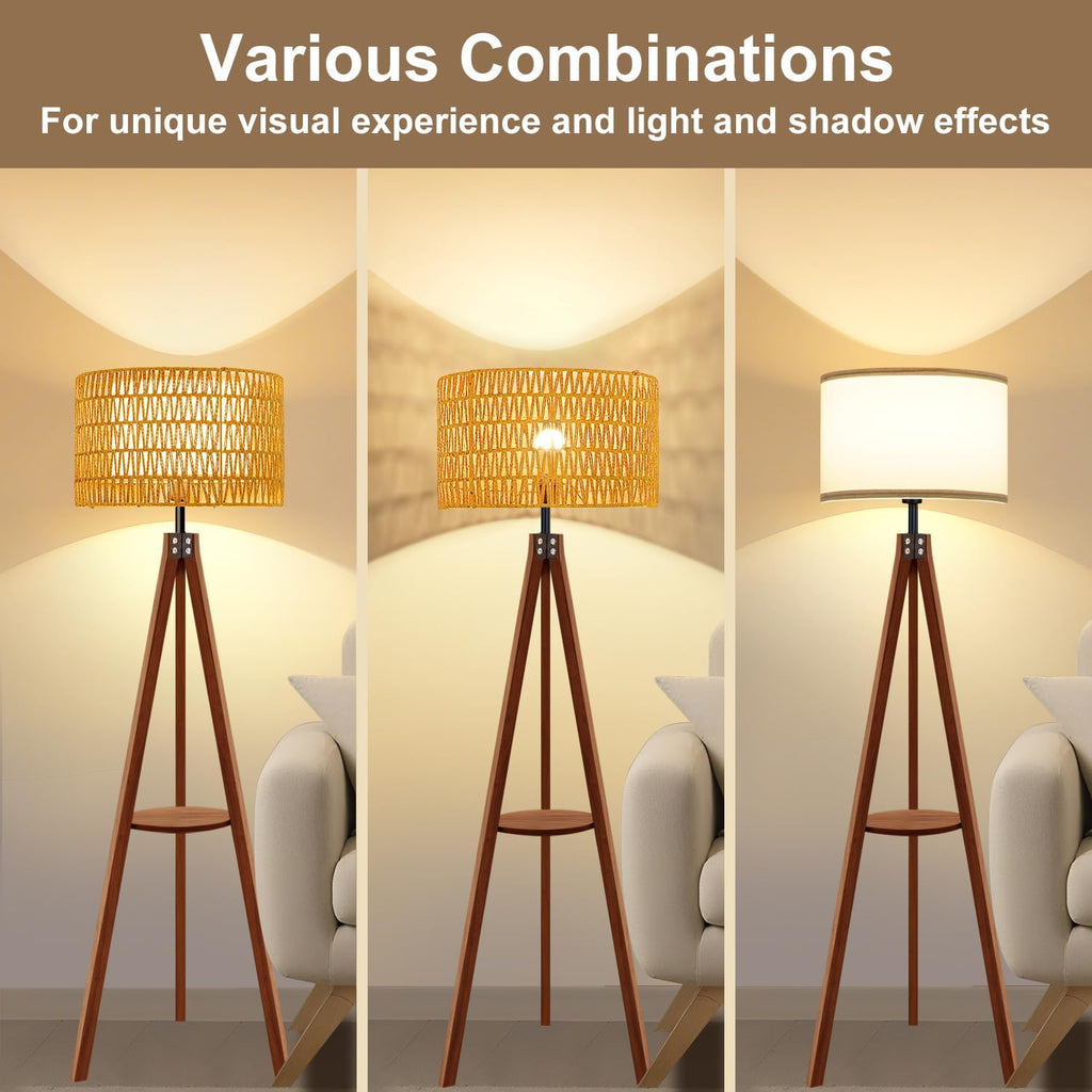 Rattan Wood Floor Lamp Tripod with Shelves, Mid Century Modern Floor Lamps, 3 Color Temperatures with Foot Switch
