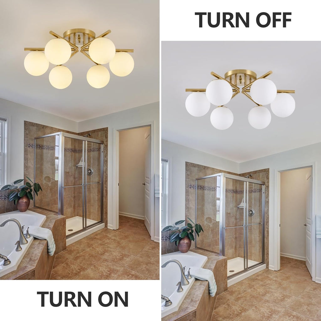 6 Lights Sputnik Ceiling Light Fixture,Semi Flush Mount Ceiling Light Sputnik with Milk Glass Globe, Brushed Brass