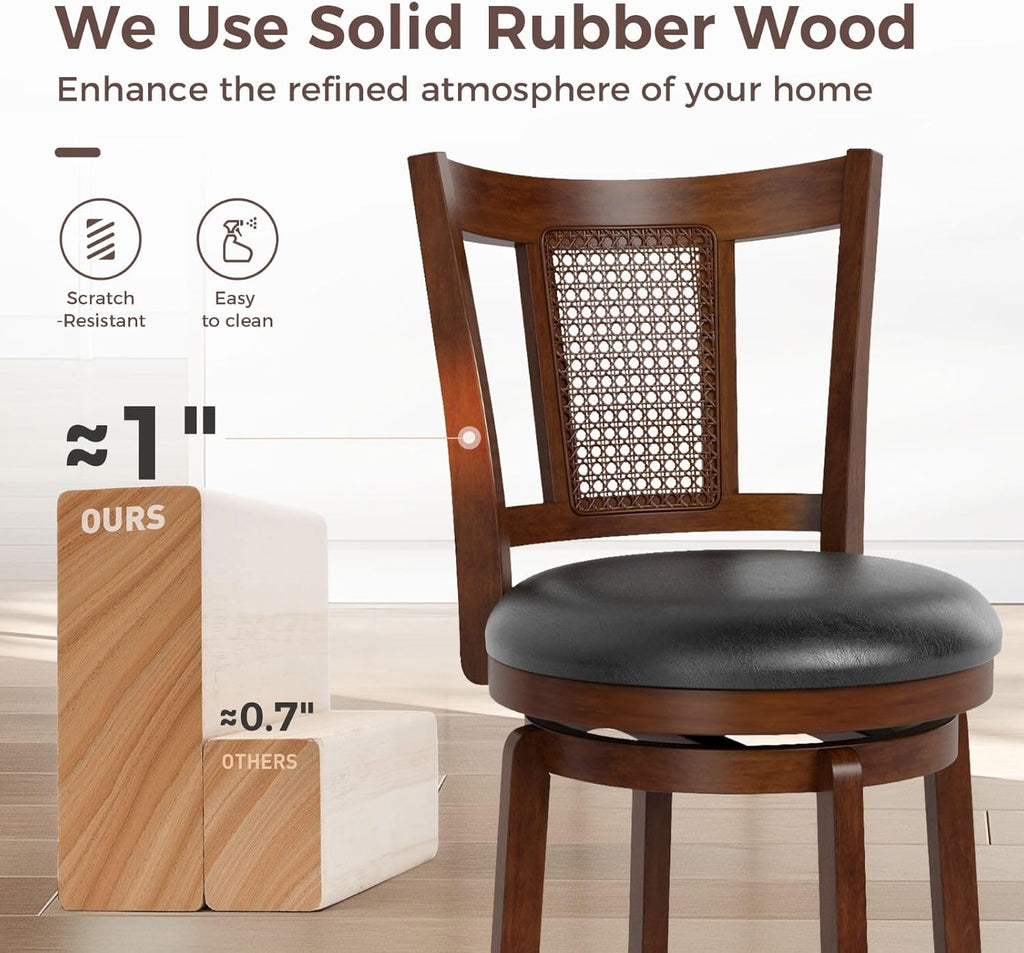 Swivel Bar Stools Set of 4, 26 Inch Counter Height Bar Stools, PU Leather Wood Bar Chairs with Backrest & Wrap-Around