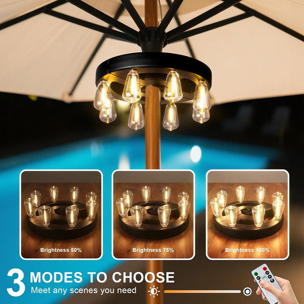 Patio Outdoor Umbrella Lights, Rechargeable Battery Cordless Umbrella Light with 8 Warm White Bulbs 3 Brightness Levels