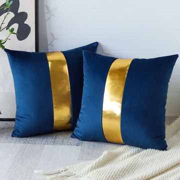 Navy Blue Velvet Throw Pillow Covers with Gold Leather Stitching Luxury Modern Minimalist Square Pillowcase Cushion