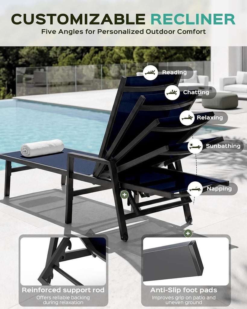 Patio Chaise Lounge Chair Outdoor with Wheels&Armrests, Aluminum Pool Lounge Chairs 5-Position Adjustable Recliner