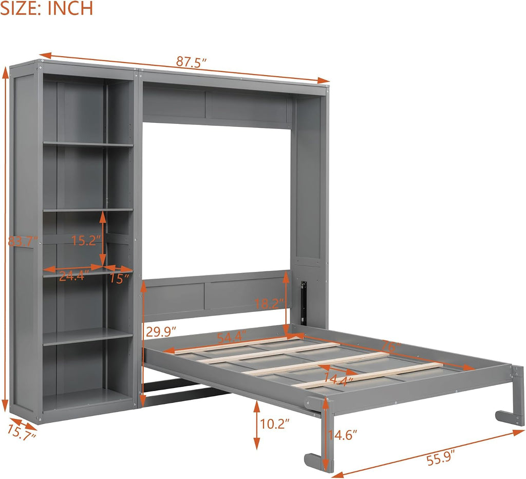 Full Murphy Bed with Storage Bookcase Shelves,Wood Folding Grey Murphy Wall Bed Cabinet