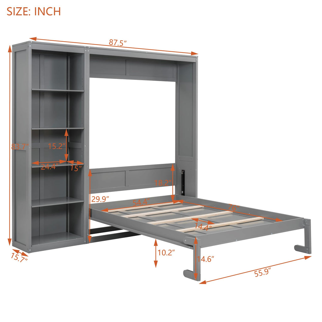 Space-Saving Gray Murphy Bed Full Size with Adjustable Storage Shelves, Multifunctional Foldable Wall Bed for Small