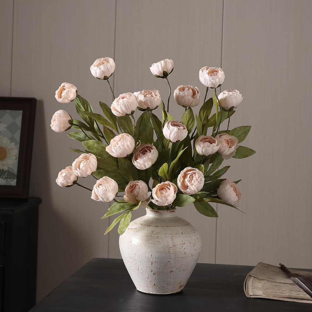 27" Faux Silk Peony Artificial Flowers Stems for Vase (Beige) - Set of 6