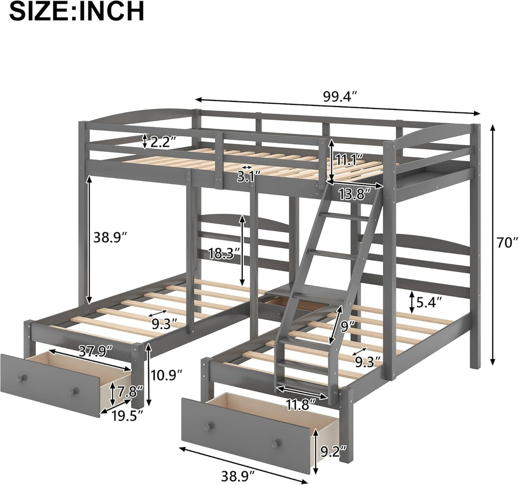 Full Over Twin Bunk Bed Frame,Triple Bunk Bed with Drawers, Gray