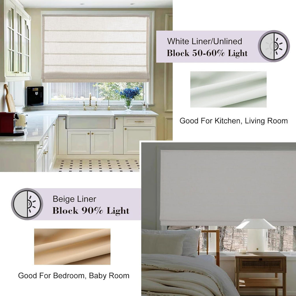 Linen Oatmeal Cordless Roman Shades for Windows, Custom Blackout Light Filtering Roman Window Shades, Washable Fabric