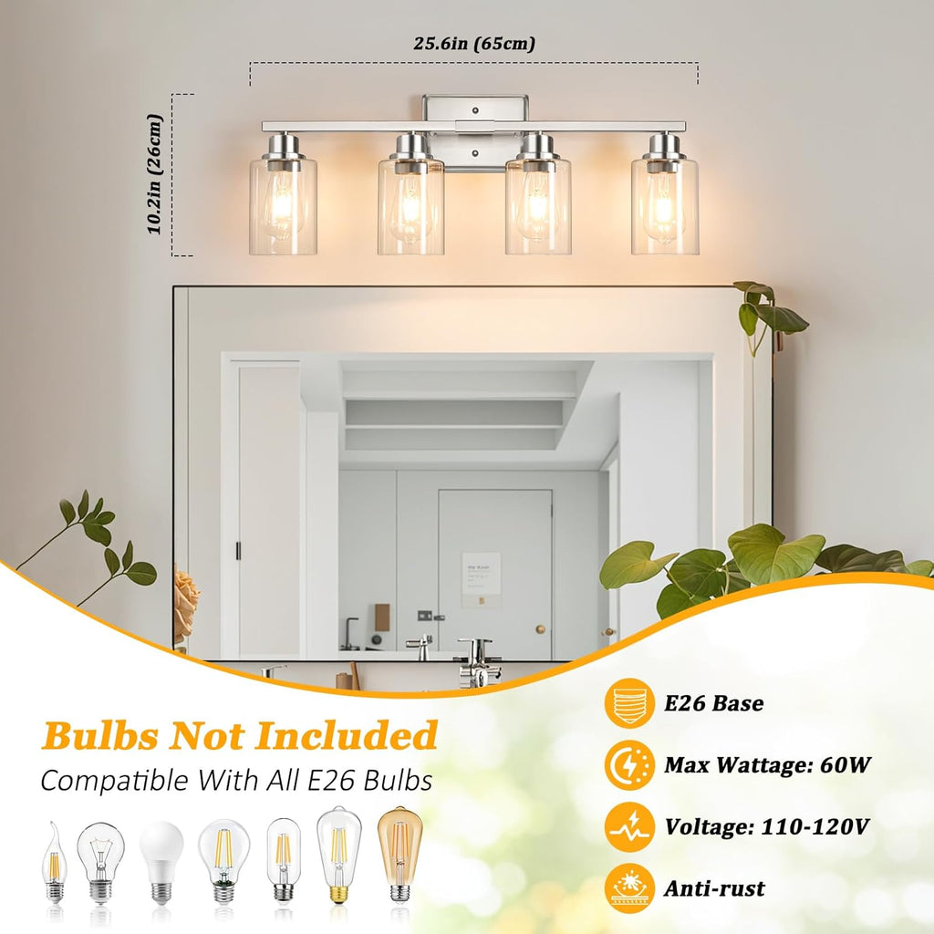 4-Light Bathroom Light Fixtures, Modern Vanity Lights with Clear Glass Shades, Brushed Nickel Bathroom Wall Lamp for