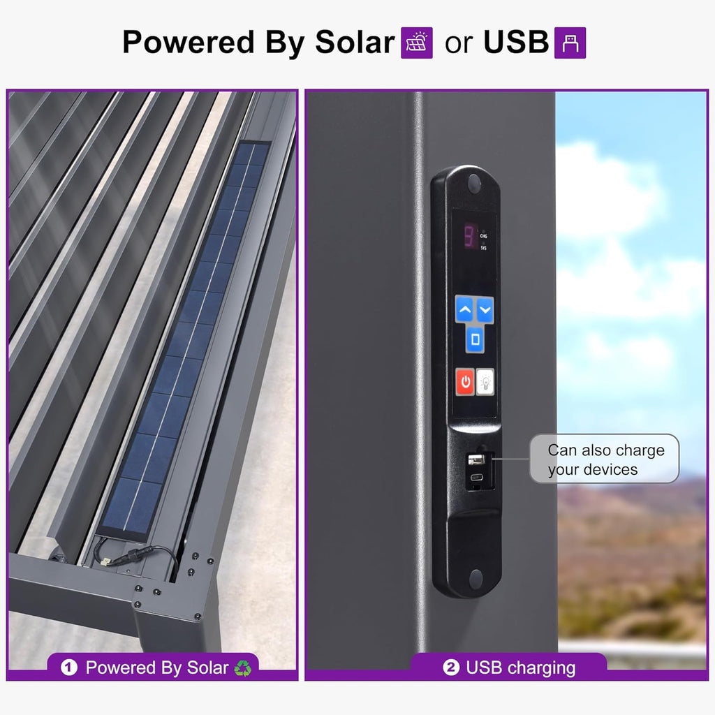 Solar Louvered Pergola 92KS 10' x 12' with LED String Lights and Control Panel Aluminum Outdoor Pergola with