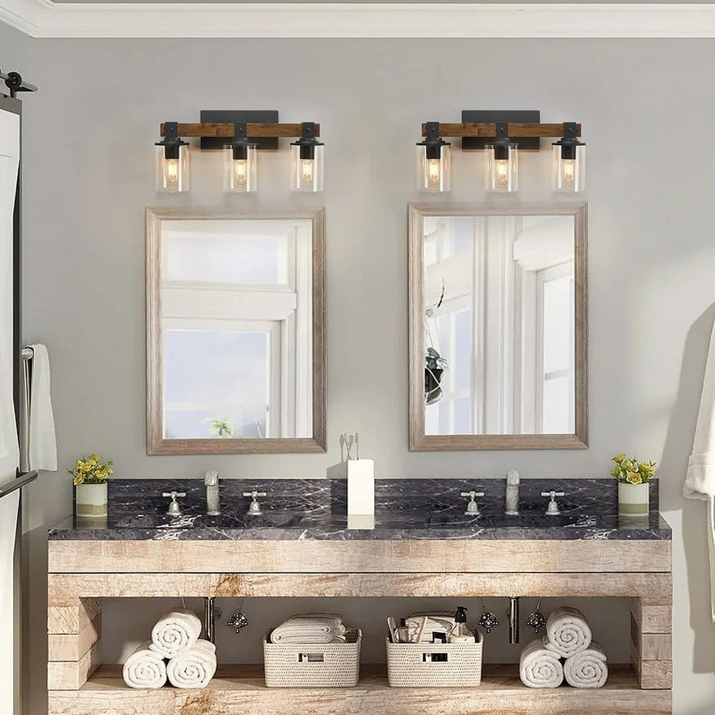 Farmhouse Vanity Light Fixture,3-Light Bathroom Wood Wall Light Over Mirror with Clear Glass Shade, Rustic Vintage