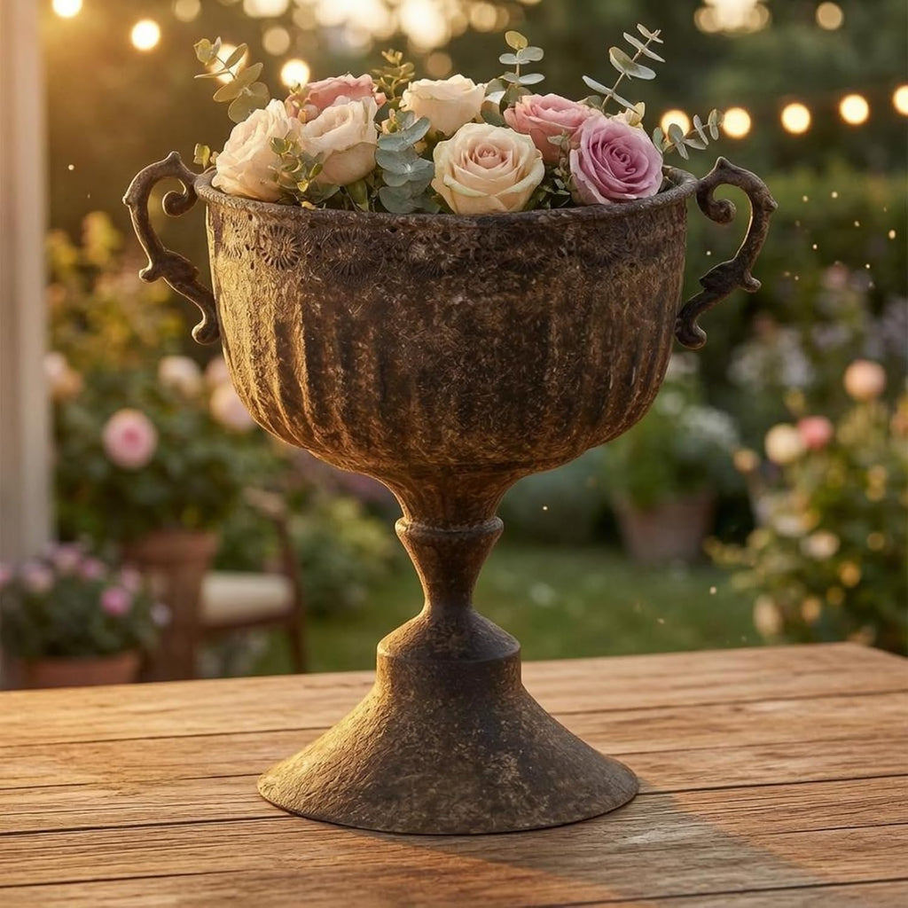 Outdoor Trophy Vase Antique Pedestal Planter Urn Flower Pot with Textured Stone Finish Iron Construction Stable