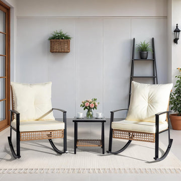 3-Piece Outdoor Rocking Bistro Set, Patio Furniture Set w/Soft Thick Cushions & 2-Tier Coffee Table, Rattan