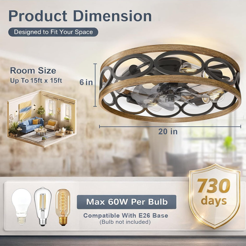 20" Ceiling Fans with Lights and Remote, 6 Wind Speeds 3 Timing Quiet Flush Mount Low Profile Caged Ceiling Fan