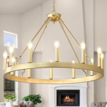 Inspired Camino Style Chandelier - Gold Wagon Wheel Chandelier Farmhouse 32-Inch, 12-Light Modern Gold Chandelier for Dining Room, Round Iron Industrial Chandeliers Light Fixture for Living Room, Foyer, Entryway, E12