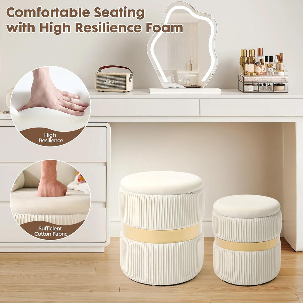 Round Ottoman with Storage Set of 2 Small Ottoman Coffee Table, Foot Stool, Vanity Chair, Removable Lid, Assembly