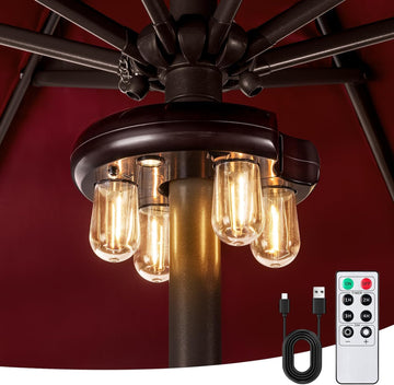 Patio Umbrella Light with Remote Control, Rechargeable Cordless LED Edison Bulbs Pole Light with 10 Brightness Levels -