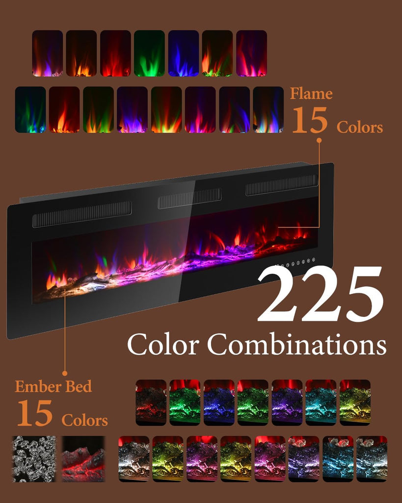 60" Electric Fireplace Insert| Wall Fireplace Electric with 3 Remote Controls |36 Custom Flame Effects