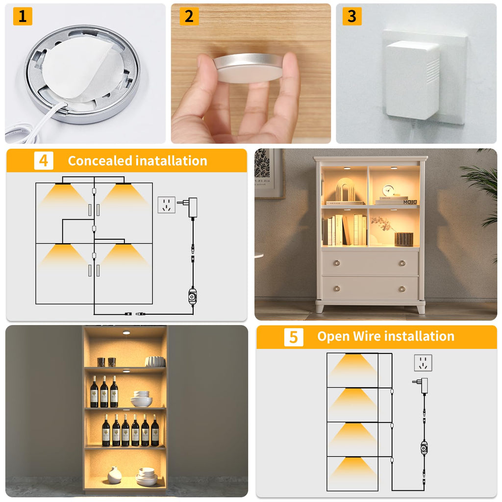 Dimmable LED Puck Lights, Plug in Under Cabinet Lighting with Switch