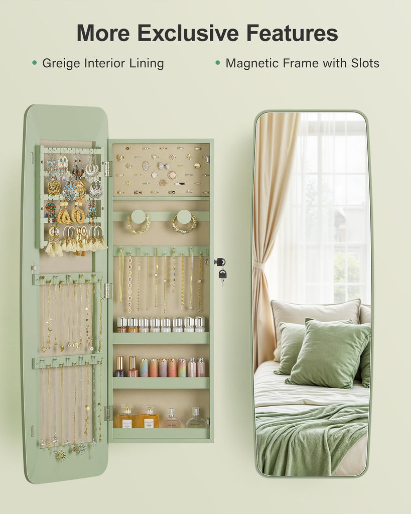 Rounded Mirror Jewelry Cabinet, Lockable, Wall Mounted, Green