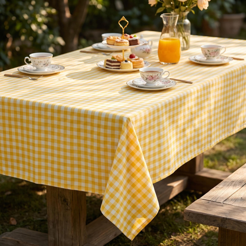 Yellow Gingham Tablecloth 54x70in, Cotton Blend Rectangle