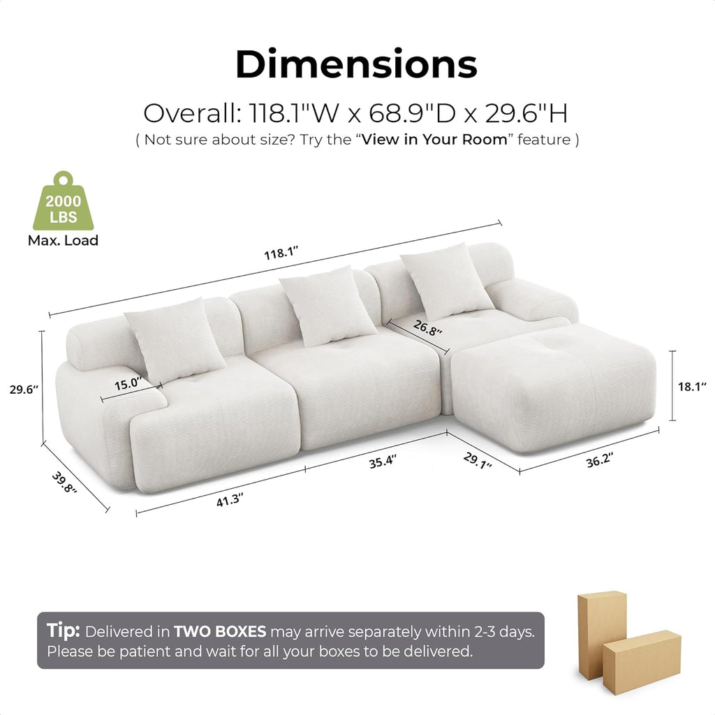 118" Modular Sectional Sofa with Ottoman, L-Shaped Boneless Couch with Deep Seat for Living Room