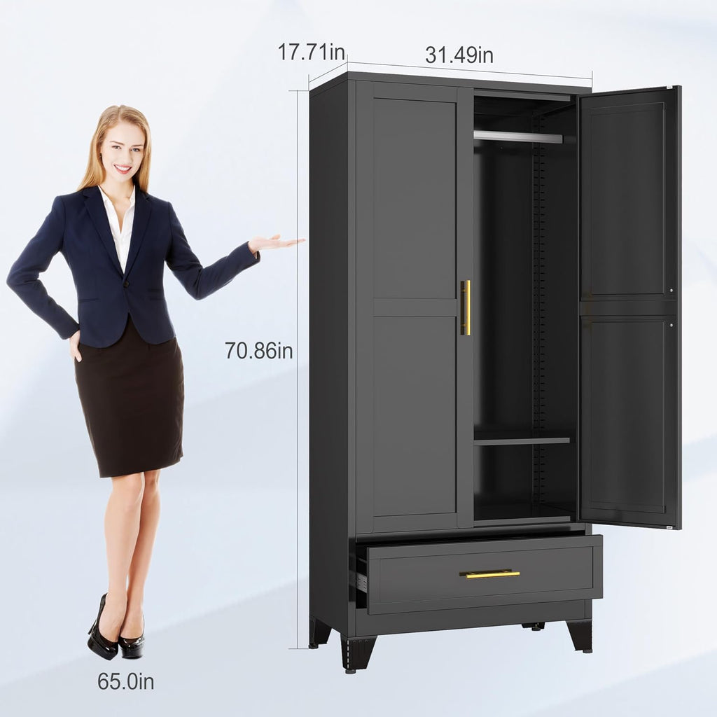 71"H Metal Tall Armoire Wardrobe Closet with Drawer,Household Steel Wardrobe Closet Cabinet with Drawers,Clothing