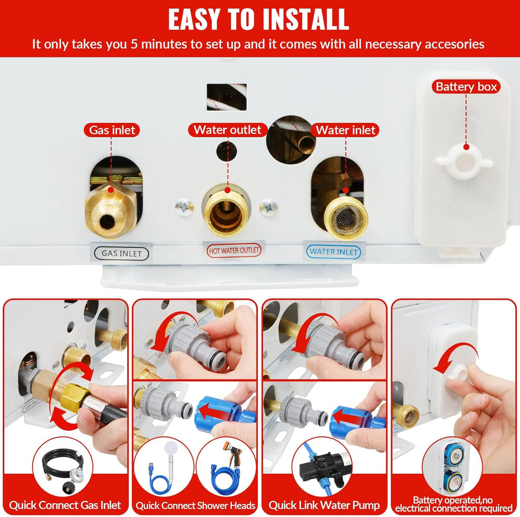 Tankless Water Heater Propane, 2.64GPM 10L Outdoor Portable water heater, with 2 GPM Water Pump