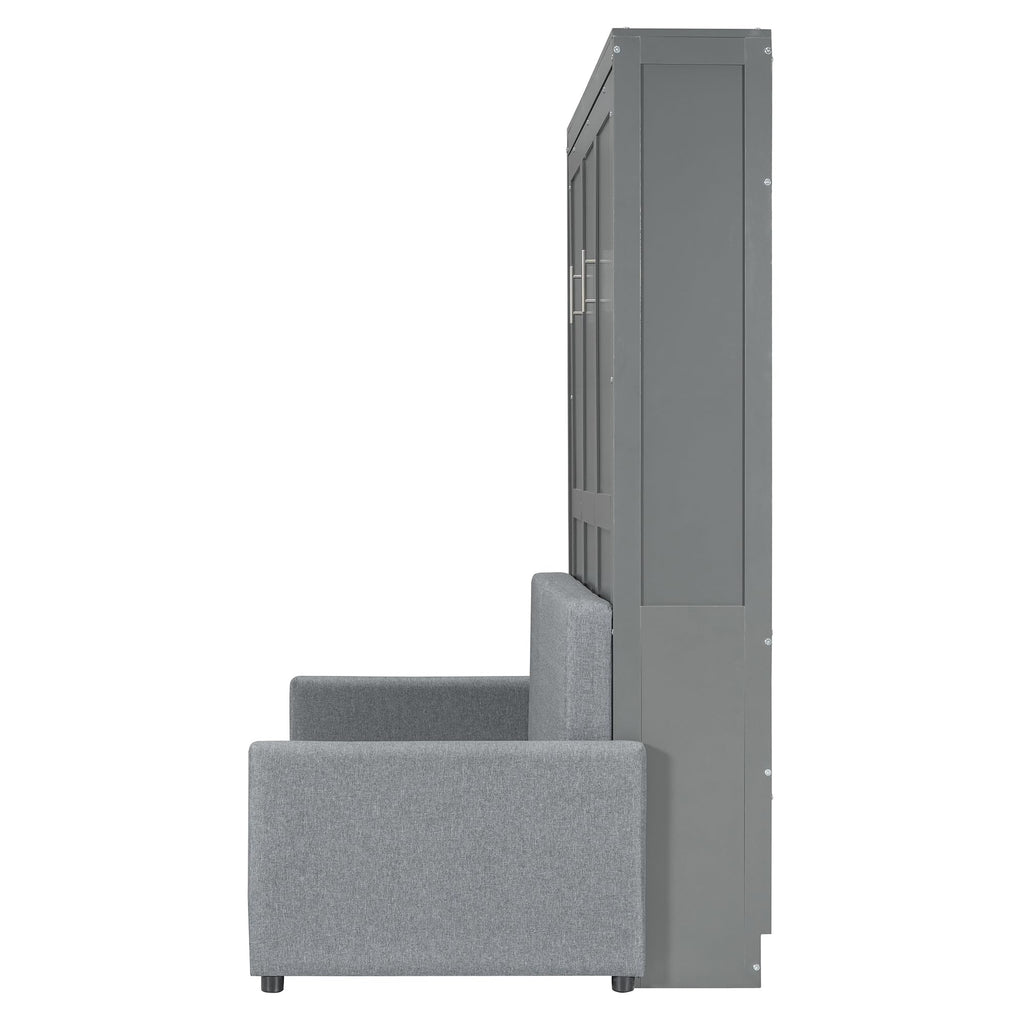 Full Size Murphy Bed, Wooden Full Murphy Bed with Cushion, Wall Bed with Sofa or Small Room, Gray