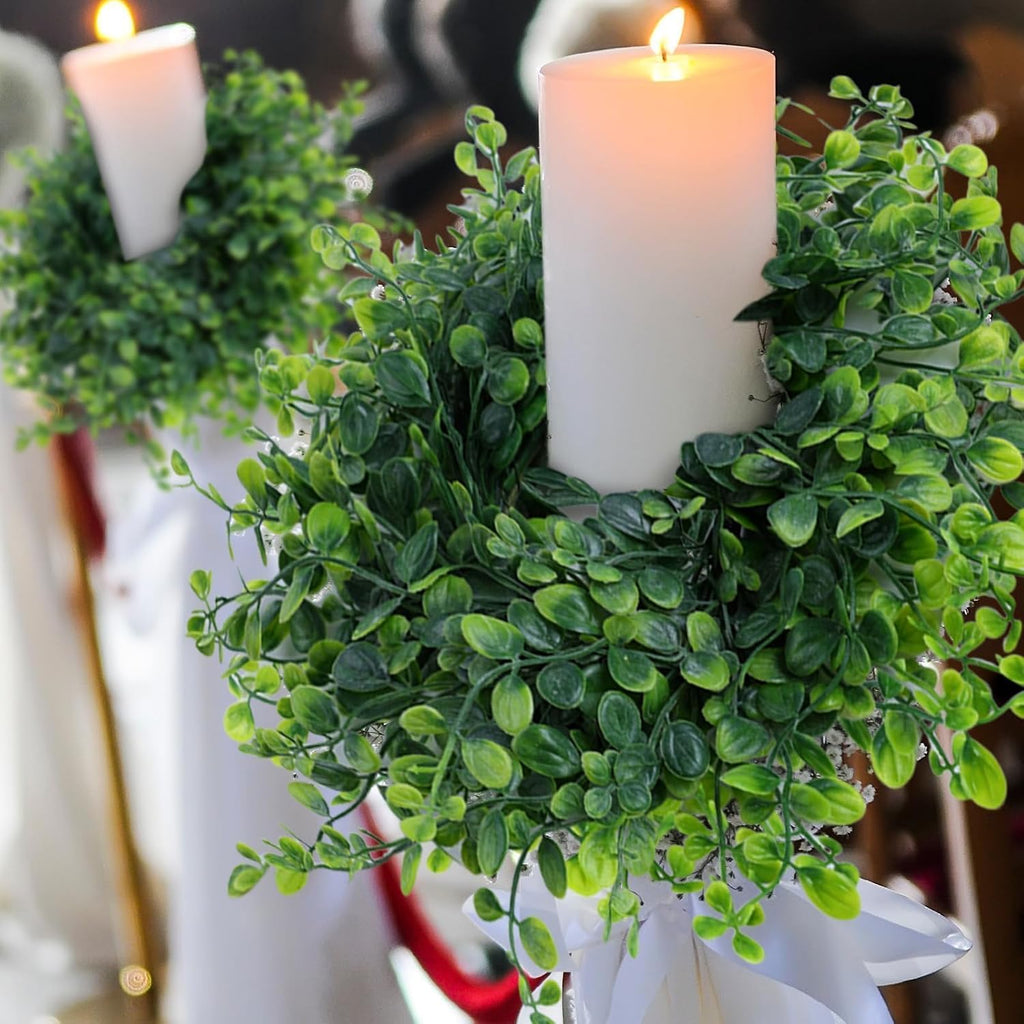 Spring Summer Candle Rings Green Boxwood Wreaths 3 Inch Green Boxwood Candle Rings Pillars Kitchen Cabinet - Set of 4