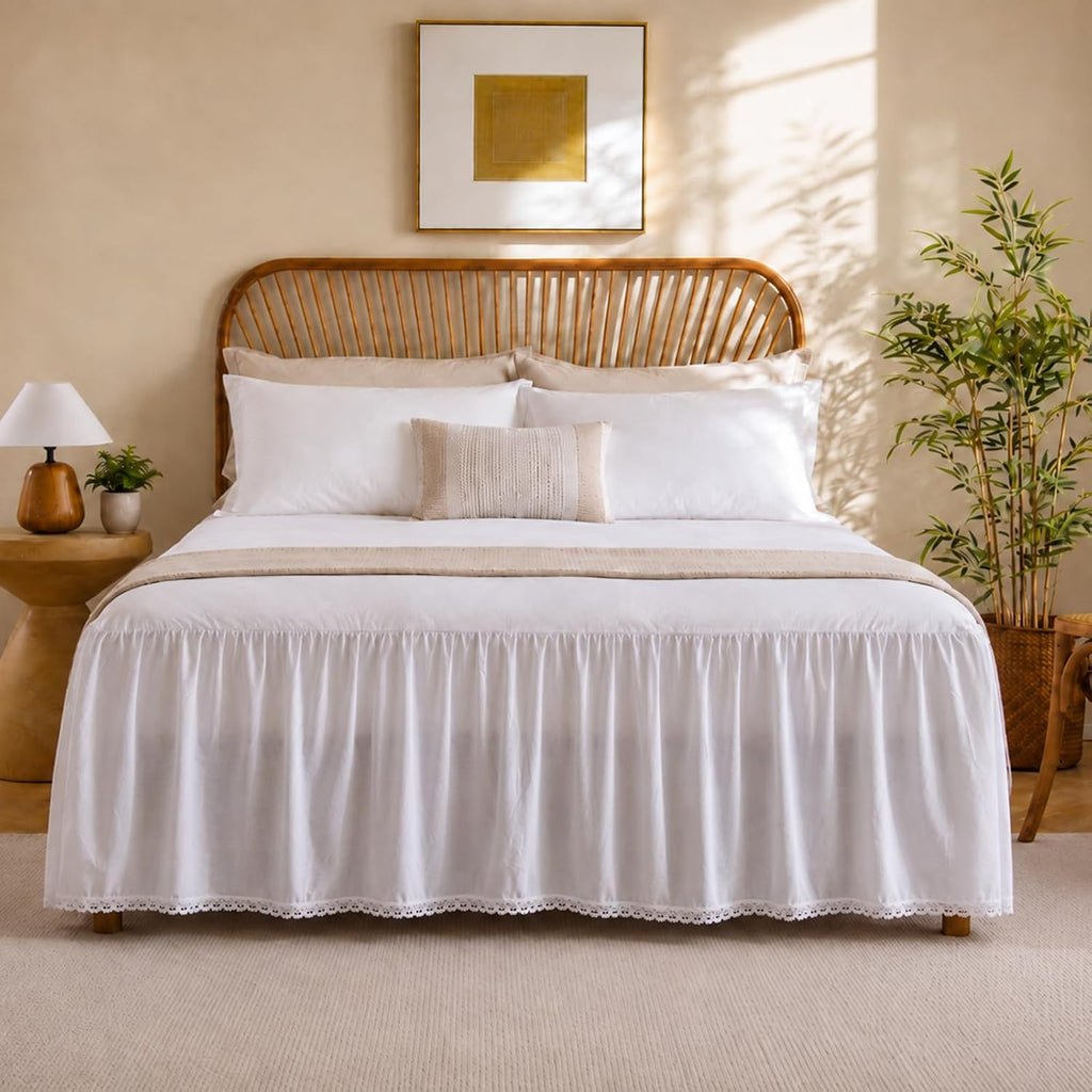 White Bed Skirt Full, 21-Inch Drop, 100% Cotton, Split Corners | Crochet trim dust ruffle in lightweight cotton;