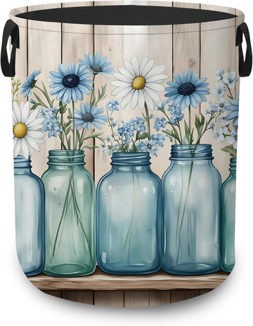 Laundry Basket,Blue Mason Jars Foldable Clothes Hamper with Handles,Daisy Flowers Waterproof Oxford Cloth Storage