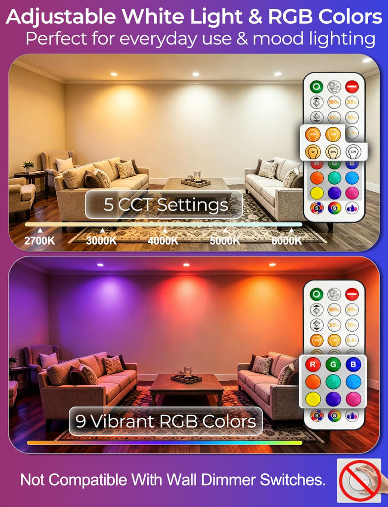 LED Reccessed Downlights, Color Changing, 4 Inch, Recessed Ceiling Lights (6 Packs)