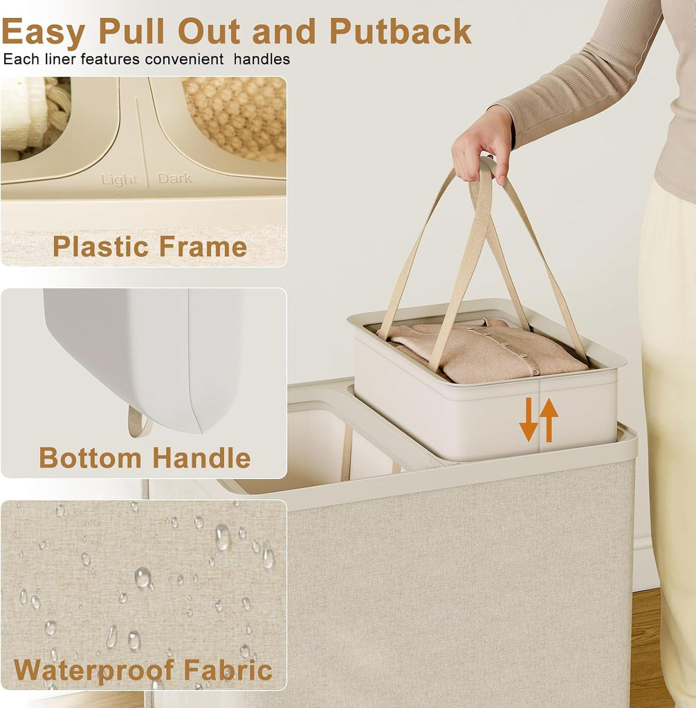 Double Laundry Hamper with Lid, 150L Large Laundry Basket 2 Compartments | Dirty Clothes Hamper 2 Section with