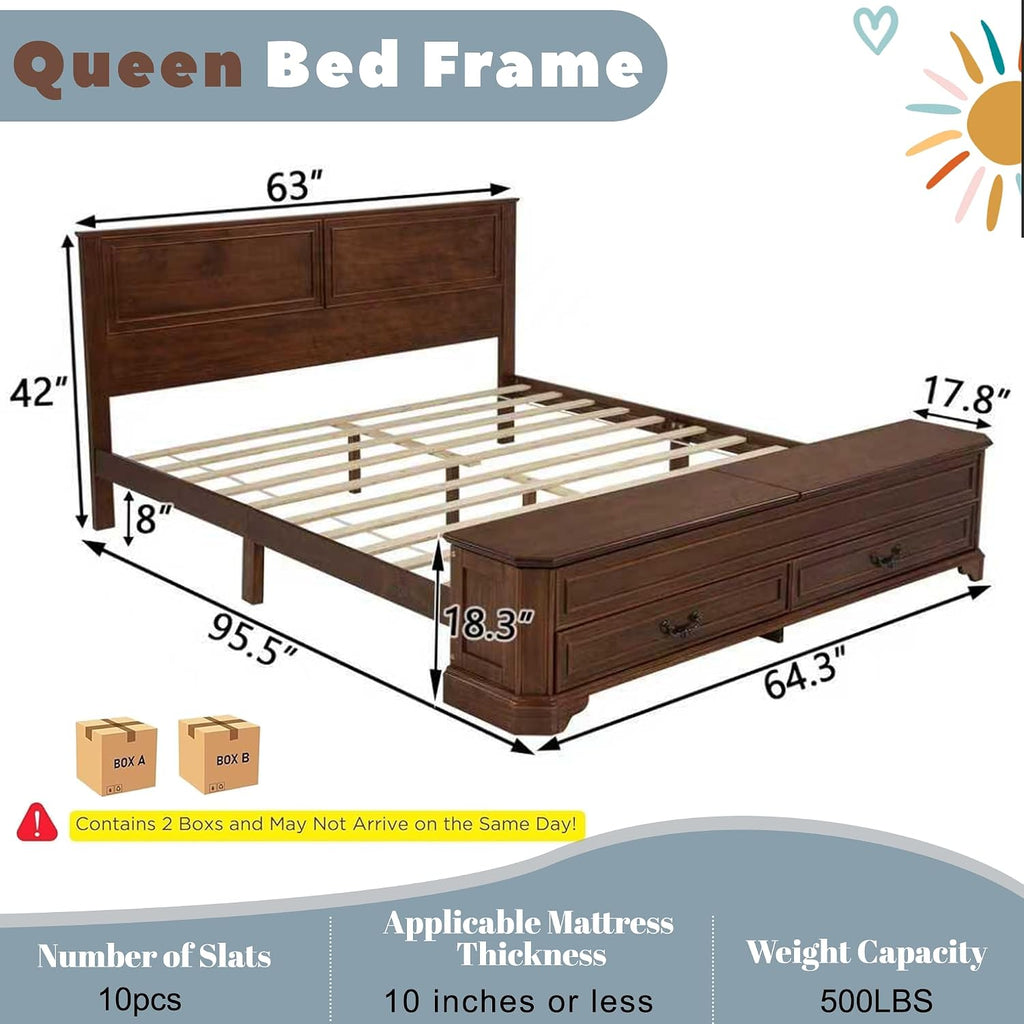 Farmhouse Queen Bed Frame with Tall Headboard, Rustic Solid Wood Platform Bed Queen with Storage Bench and 2 Large
