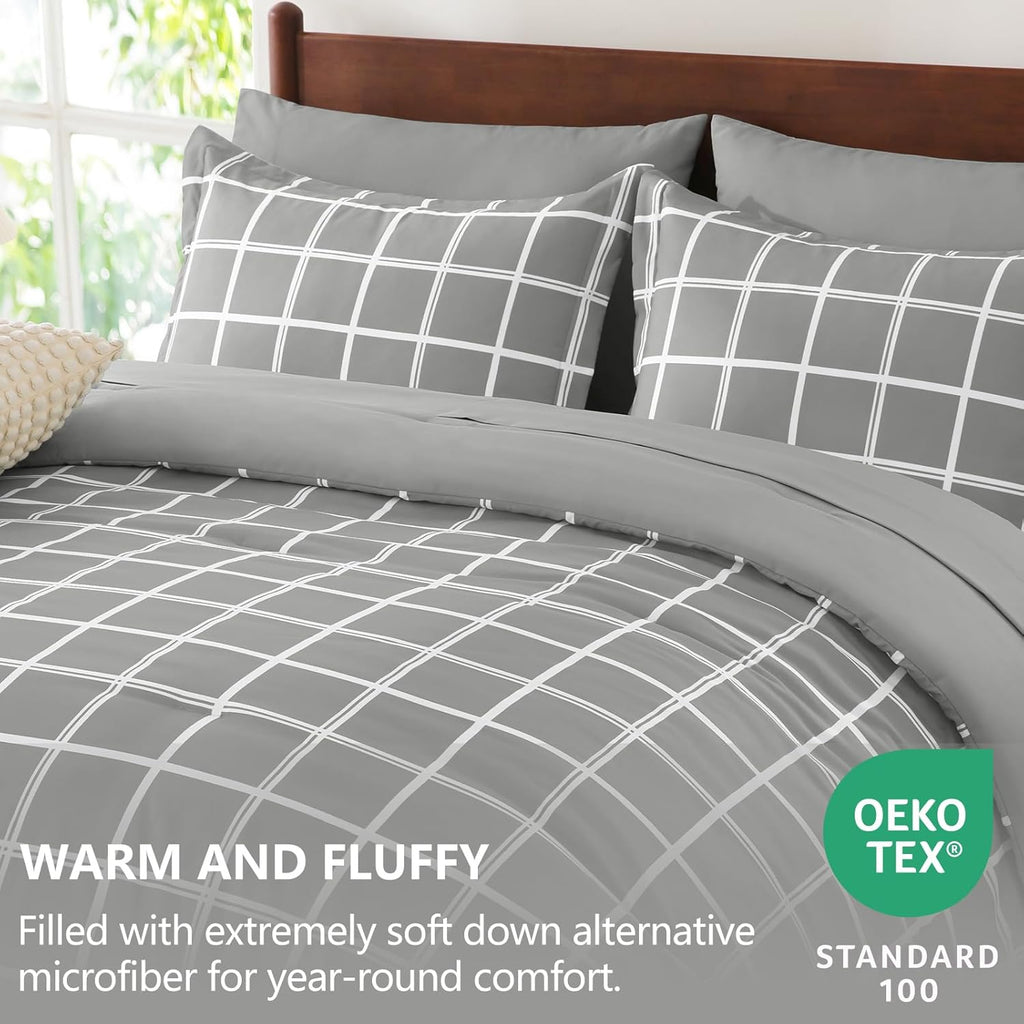 Queen Comforter Set with Sheets - 7 Pieces Plaid Bed in a Bag Set Grey