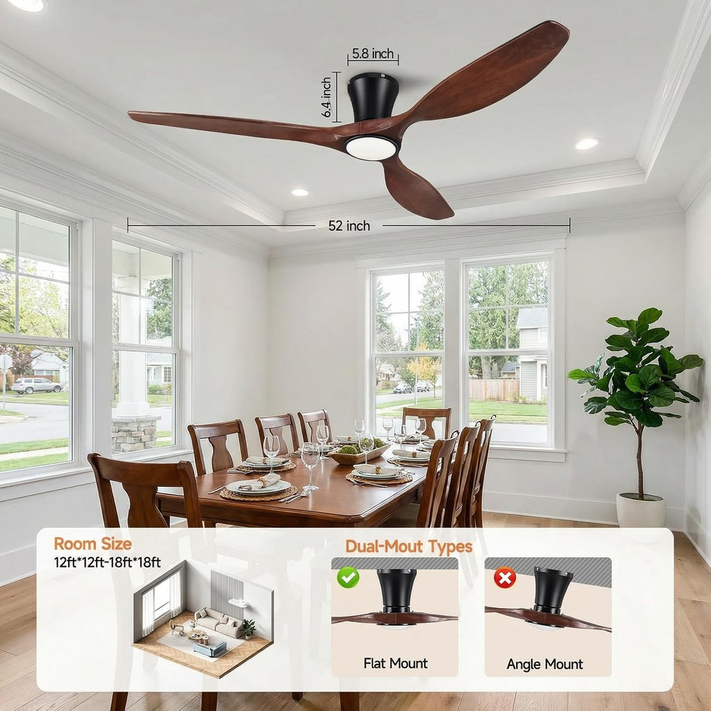 52" Wood Ceiling Fan with Lights, Flush Mount Low Profile Ceiling Fan with Remote Control, Dimmable LED