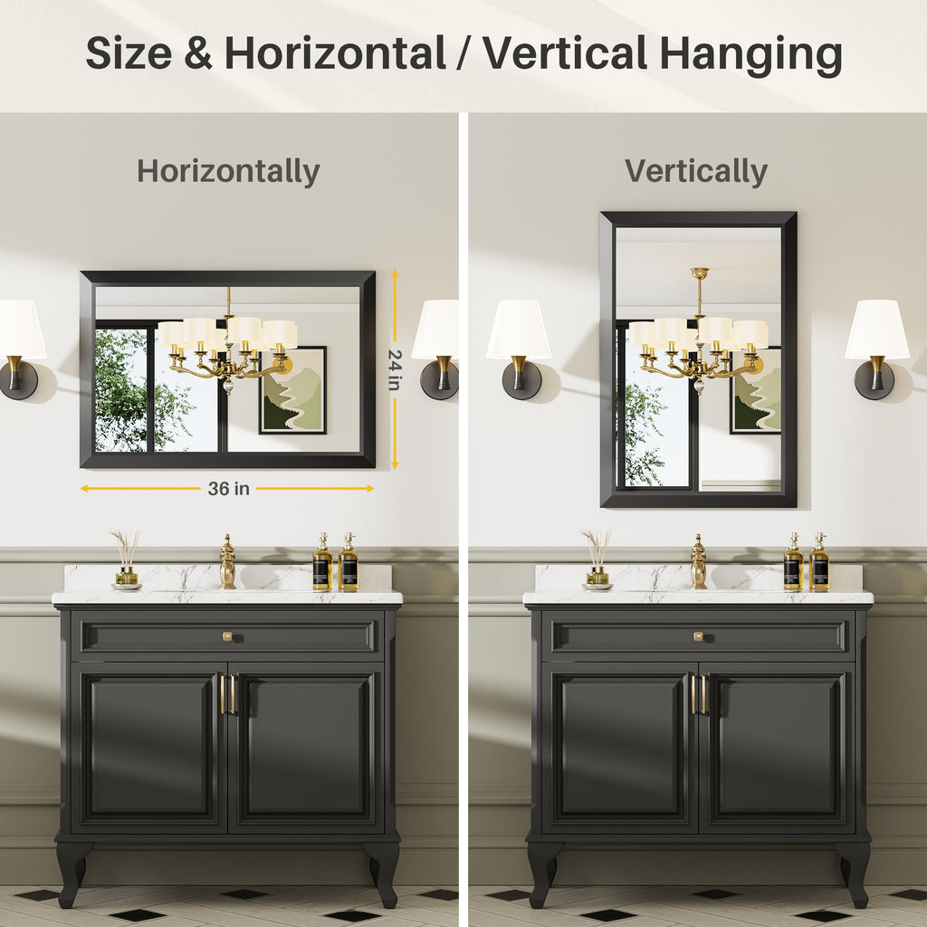 Black Metal Framed Bathroom Wall Mirror, 24x36 Inch