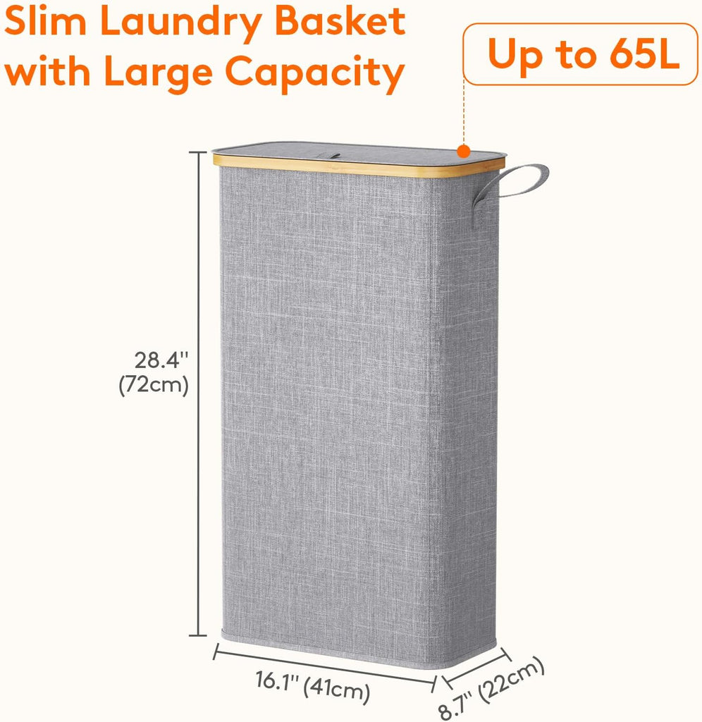 65L Slim Laundry Hamper with Lid, Narrow Laundry Basket with Removable Bag & Bamboo Handles, Fodable Thin Dirty