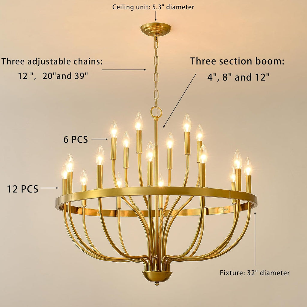 Gold Chandelier 18-Light Candle Chandelier Modern Farmhouse Pendant Lighting Fixture for Dining Room Bedroom Living Room Kitchen Island Foyer Entryway E12 Bulb Vintage Golden Ceiling Light