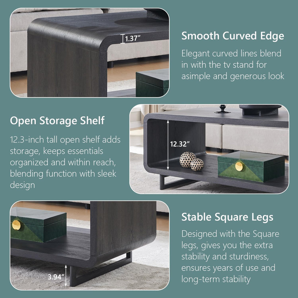 48" Modern Coffee Table, 2-Tier Minimalist Center Table with Storage Shelf, Curved Profile Design