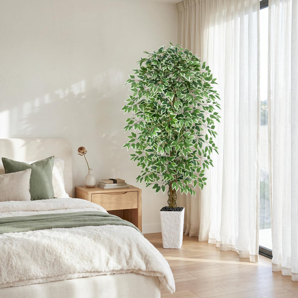 Artificial Ficus Tree 6FT, Large Fake Tree Decor (White Planter)