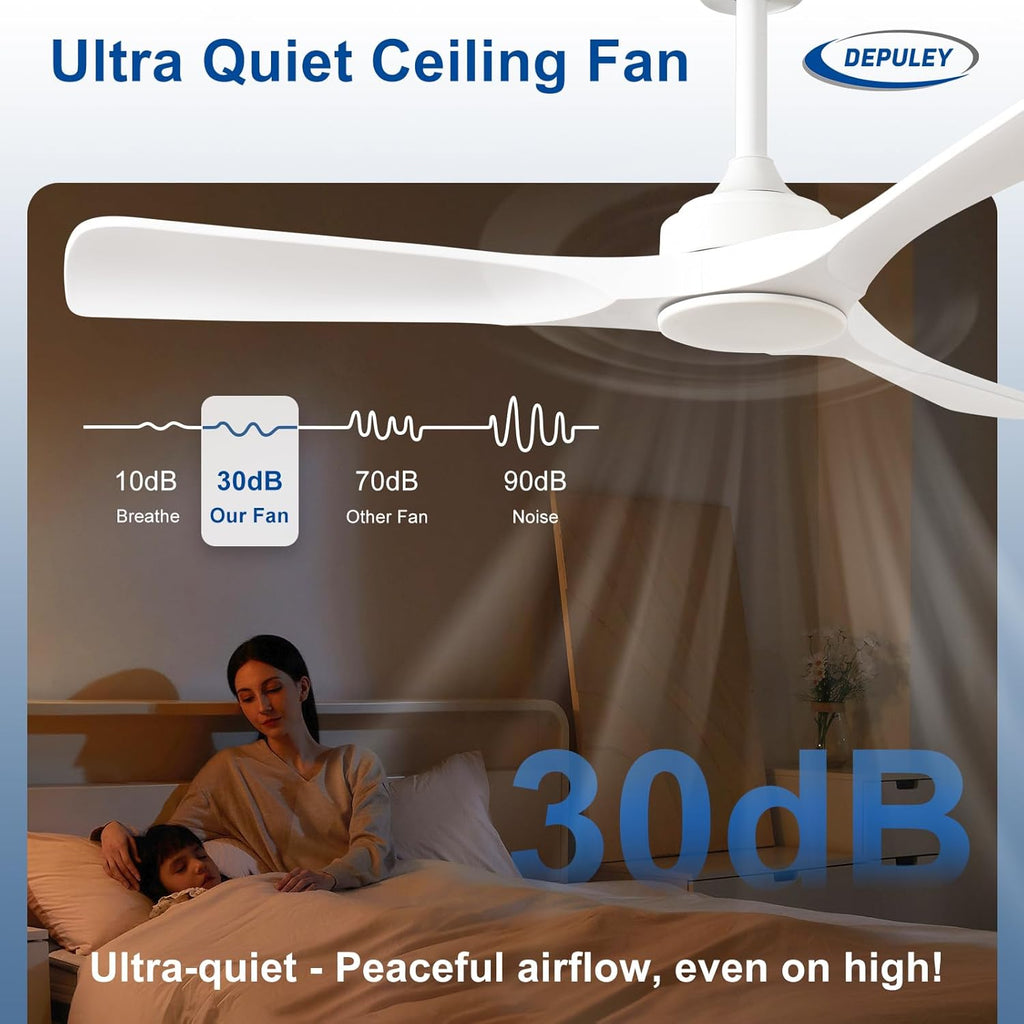 52 Inch 3 Blade Outdoor Fans for Patios - White Ceiling Fan No Light Indoor Remote Control Ultra Quiet DC Motor Reversible 6 Speed Timer