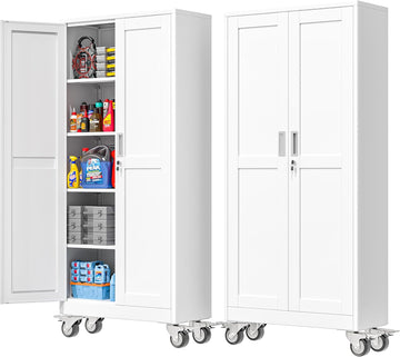 71''H Tall Metal Garage Storage Cabinet with Wheels,Steel File Cabinets with 2 Doors and 4 Adjustable Shelves