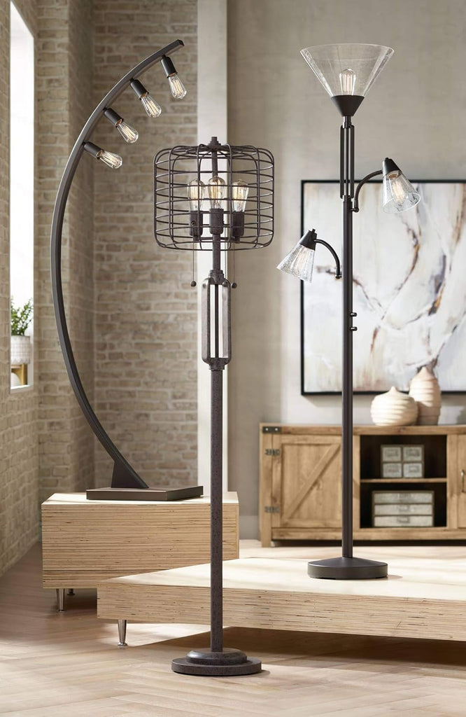 Warwick Industrial Torchiere Tree Floor Lamp LED 3-Light Edison 71.5" Tall Tiger Bronze Metal Clear Seedy Glass Shade