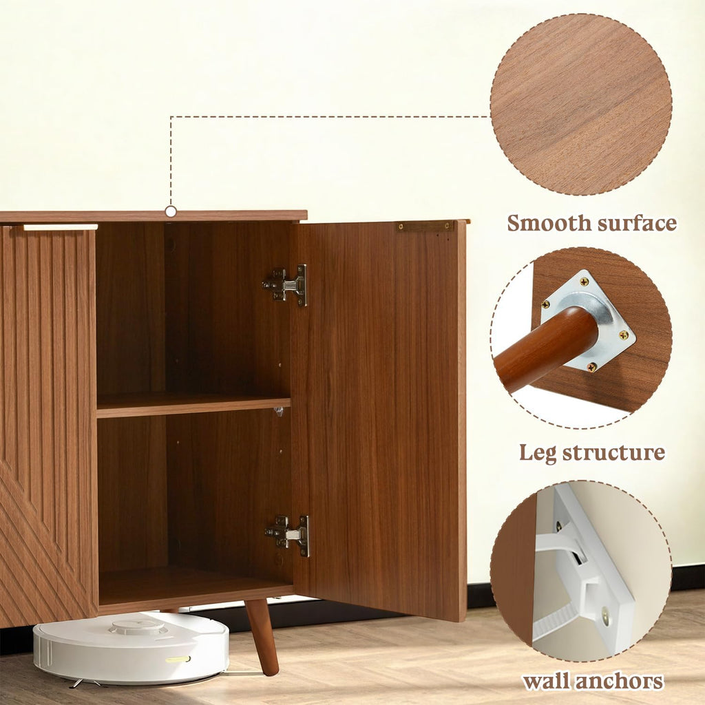 Fluted Brown Wood Sideboard Buffet Storage Cabinet with Doors | Adjustable Shelf, Modern Accent Table, Sturdy Frame