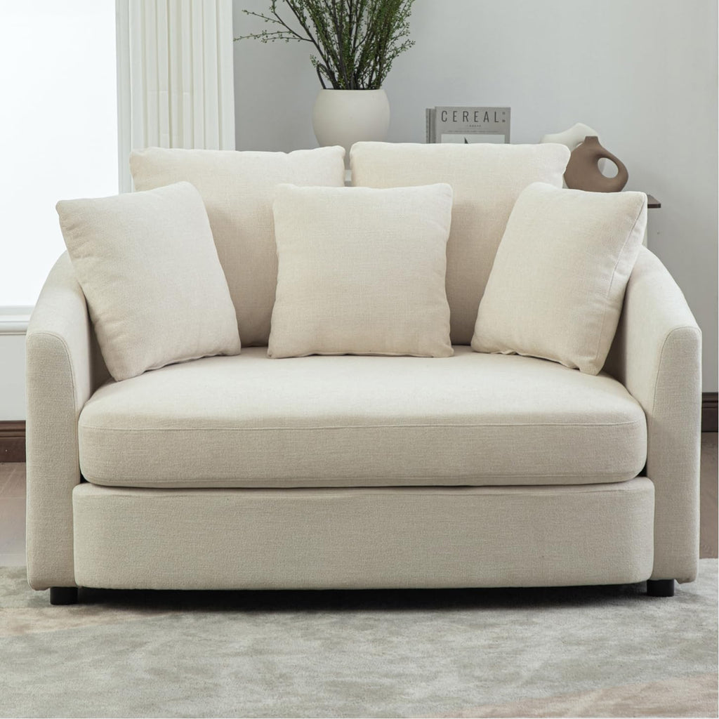 56" White Barrel Chaise Lounge Chair,Oversized Barrel Accent Chair with 2 Cushions and 3 Throw Pillows,Extra Deep