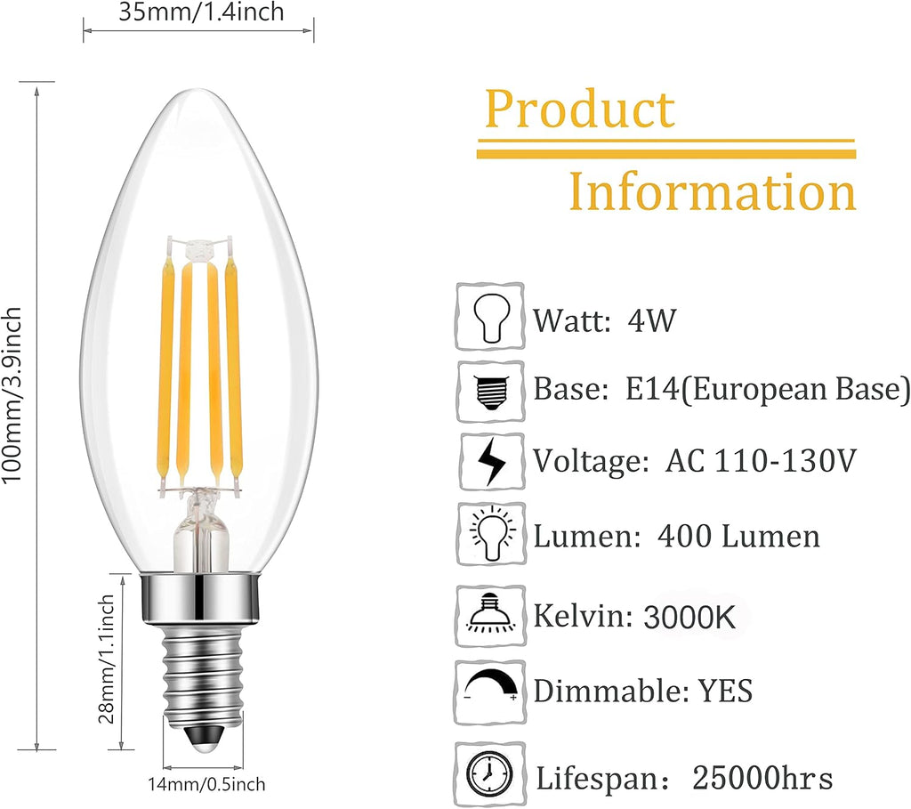E14 LED Bulb Dimmable,110V 400LM 40W Equivalent Warm White 3000K,E14 European Base Candelabra LED Bulbs,C35 Clear