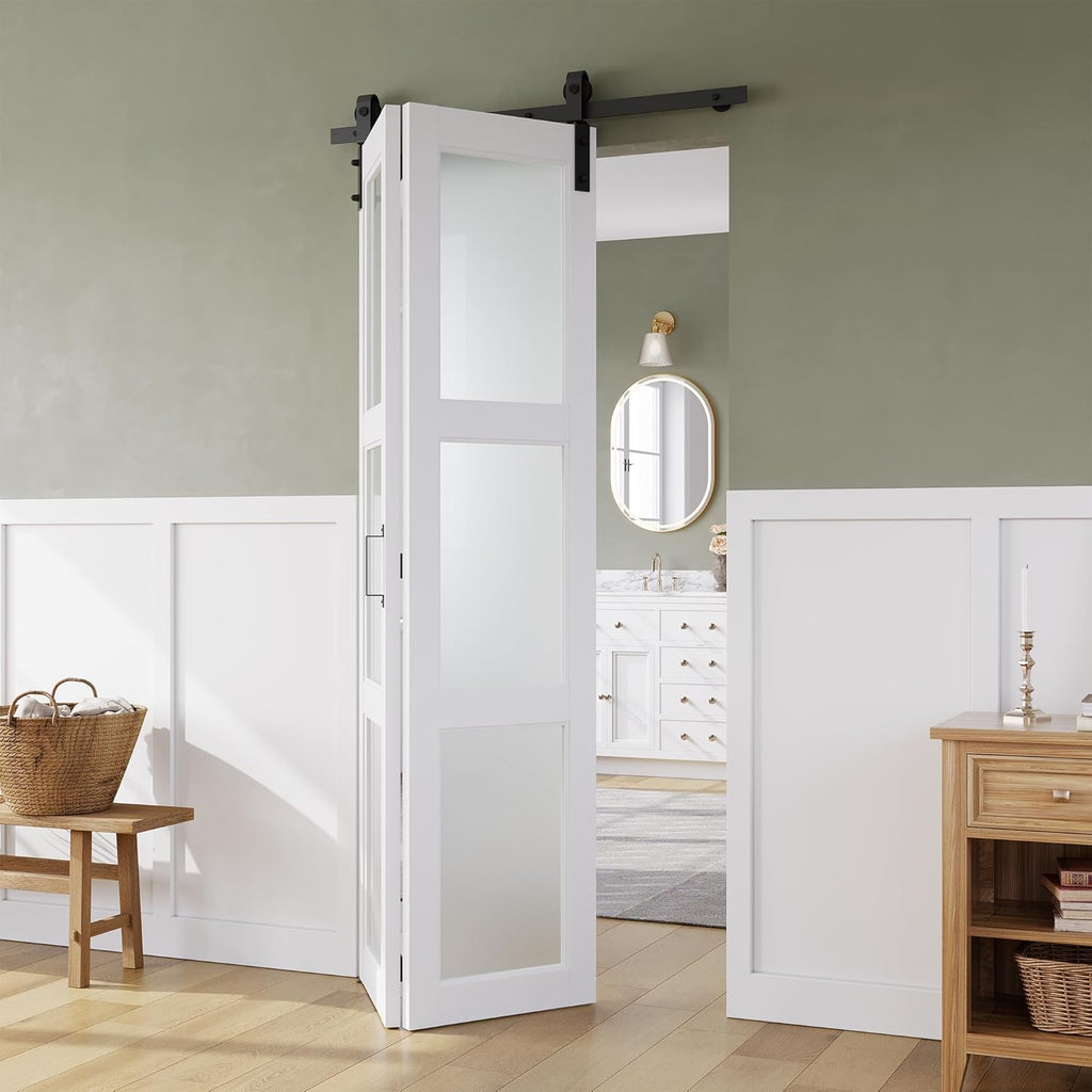 36in x 84in Bifold Barn Door, Frosted Glass Barn Door with Hardware Kit Included, Pre-Drilled Holes 