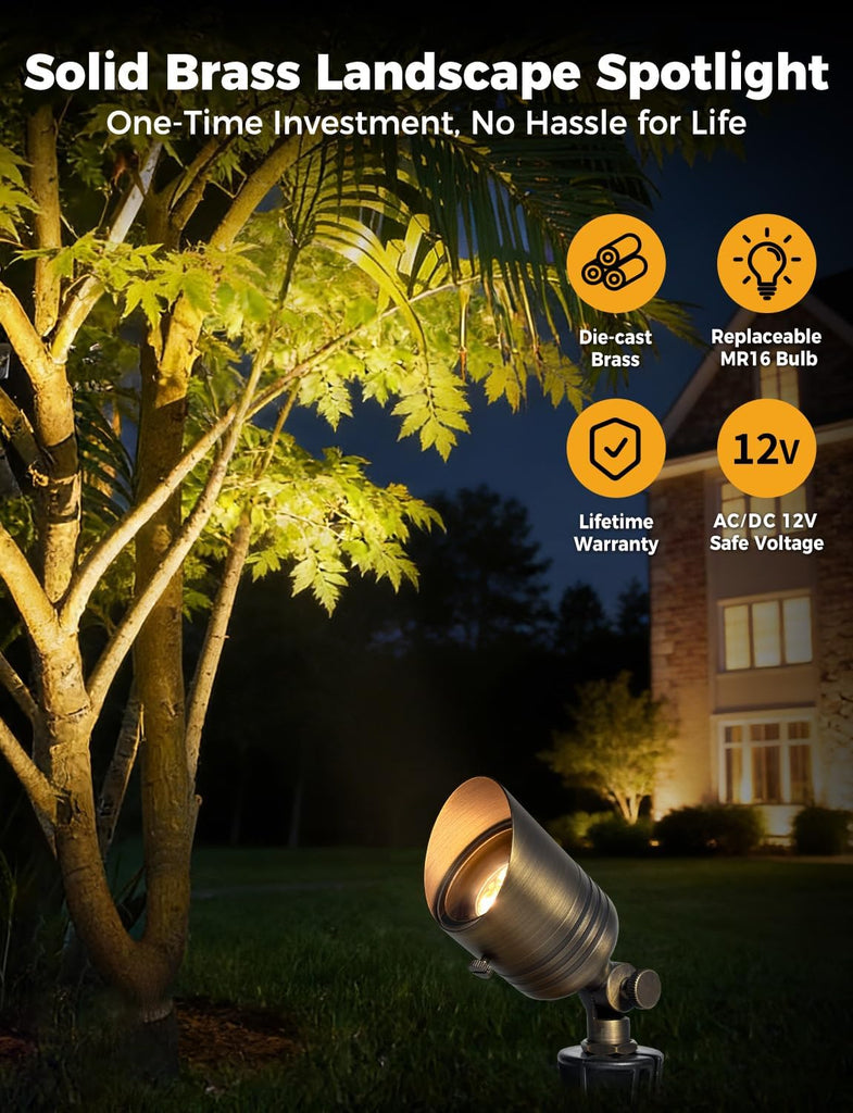 Brass Outdoor Spotlights,12V LED Low Voltage Landscape Lighting with 5W 2700K Aluminum MR16 Bulb, IP65 Waterproof