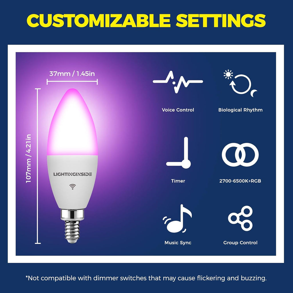 E12 Smart Light Bulbs 60W Equiv., Work with Alexa/Google Home/SmartLife, 500LM 6W RGBCW Candle Candelabra LED Bulbs (4PCS)
